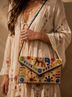 Vintage Maatangi Rainbow Embroidered Elephant Crossbody Bag Boho Folk Art